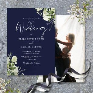 Navy Blue Greenery Leaves Elegant Photo Wedding  Invitation