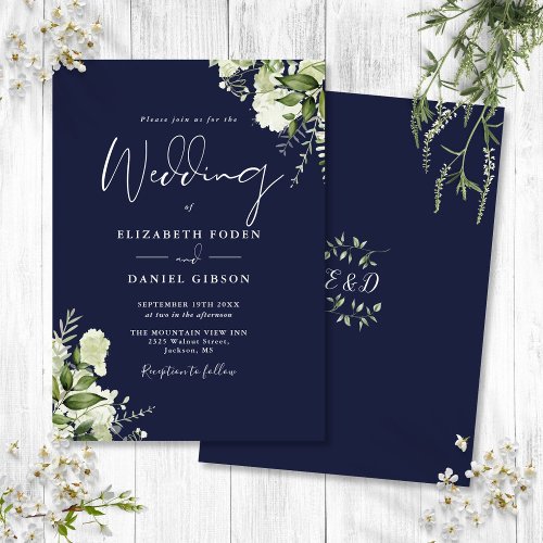 Navy Blue Greenery Leaves Monogram Wedding  Invitation