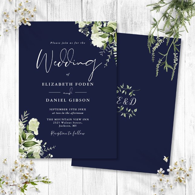 Navy Blue Greenery Leaves Monogram Wedding  Invitation (Navy Blue Greenery Leaves Monogram Wedding Invitation)