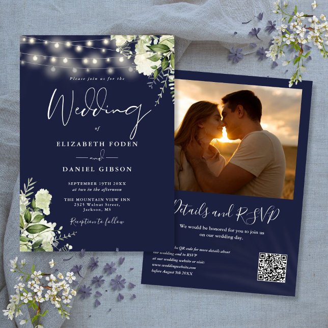 Navy Blue Greenery Lights QR Code Photo Wedding Invitation (Navy Blue Greenery Lights QR Code Photo Wedding Invitation)