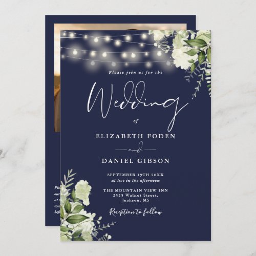 Navy Blue Greenery Lights QR Code Photo Wedding Invitation