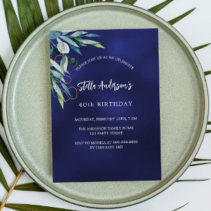 Navy blue greenery luxury birthday invitation