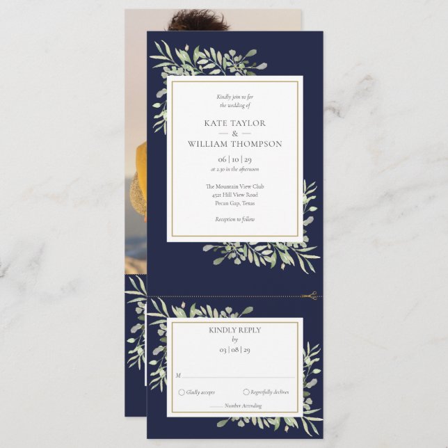 Navy Blue Greenery Modern All In One Photo Wedding Invitation (Front/Back)