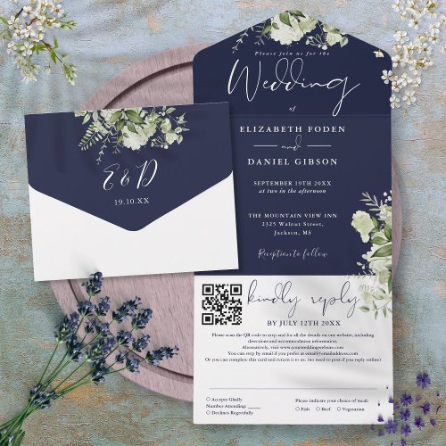 Navy Blue Greenery Monogram QR Code Wedding All In One Invitation