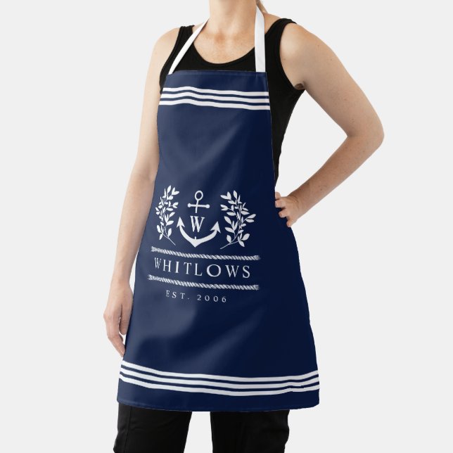 Navy Blue Greenery Nautical Monogram Lake House Apron (Insitu)