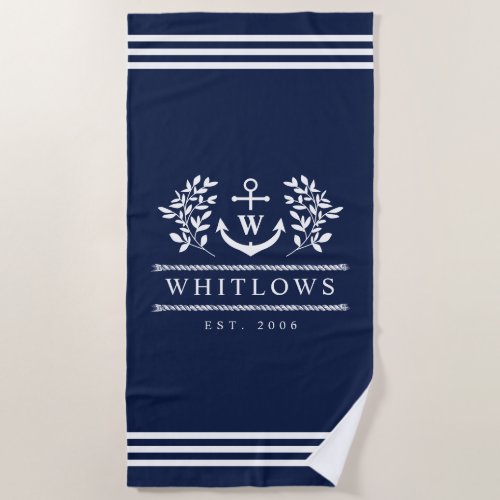 Navy Blue Greenery Nautical Monogram Lake House Beach Towel