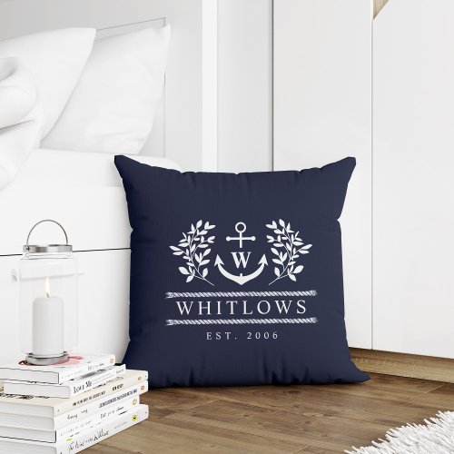 Navy Blue Greenery Nautical Monogram Lake House Throw Pillow