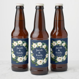 Navy Blue Greenery Personalized Names Date Wedding Beer Bottle Label