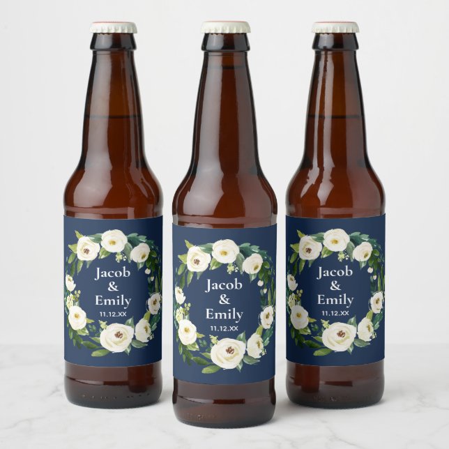 Navy Blue Greenery Personalized Names Date Wedding Beer Bottle Label (Bottles)