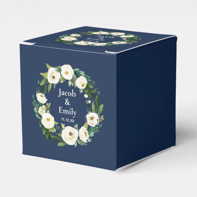 Navy Blue Greenery Personalized Names Date Wedding Favor Boxes (Front Side)
