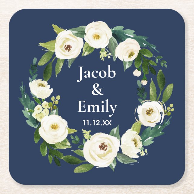 Navy Blue Greenery Personalized Names Date Wedding Square Paper Coaster (Front)