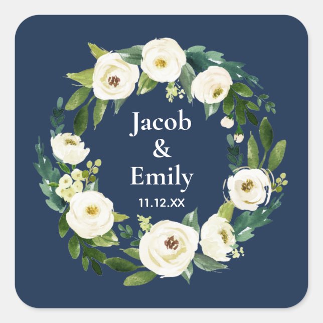 Navy Blue Greenery Personalized Names Date Wedding Square Sticker (Front)