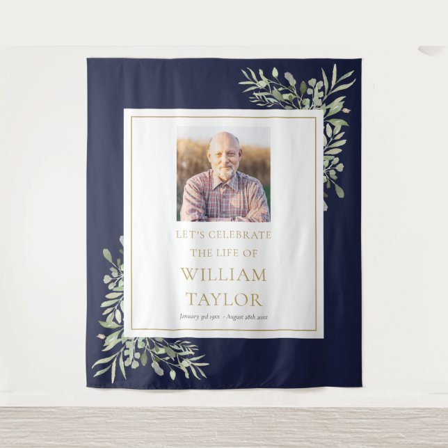 Navy Blue Greenery Photo Funeral Memorial Service Tapestry (Front)