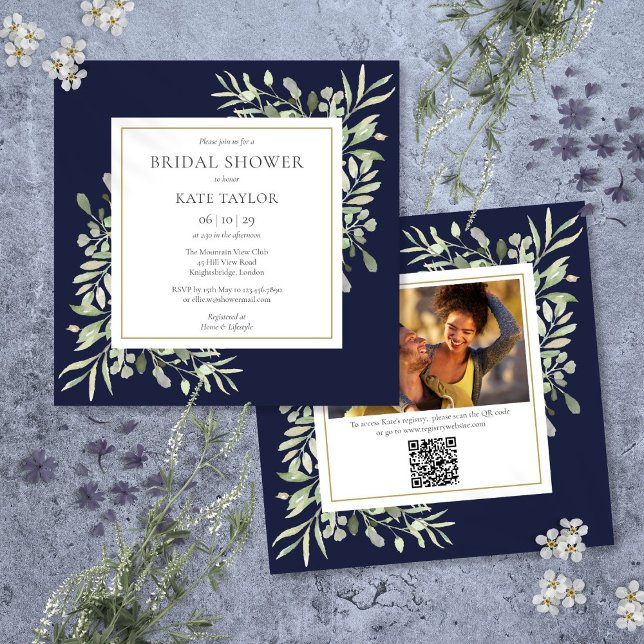 Navy Blue Greenery Photo QR Code Bridal Shower Invitation (Navy Blue Greenery Photo QR Code Bridal Shower Invitation)