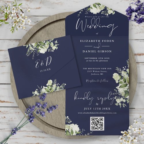 Navy Blue Greenery QR Code Monogram Wedding All In One Invitation