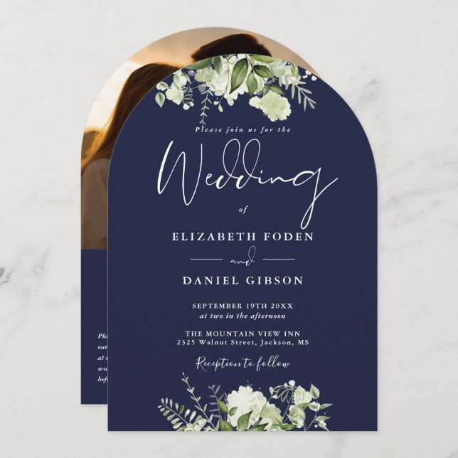 Navy Blue Greenery QR Code Photo Arch Wedding Invitation (Front/Back)