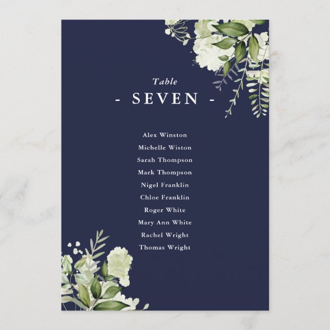 Navy Blue Greenery Seating Plan Table Number (Front)