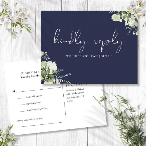 Navy Blue Greenery Song Request RSVP Postcard