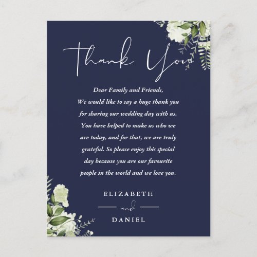 Navy Blue Greenery Thank You Wedding Place Card