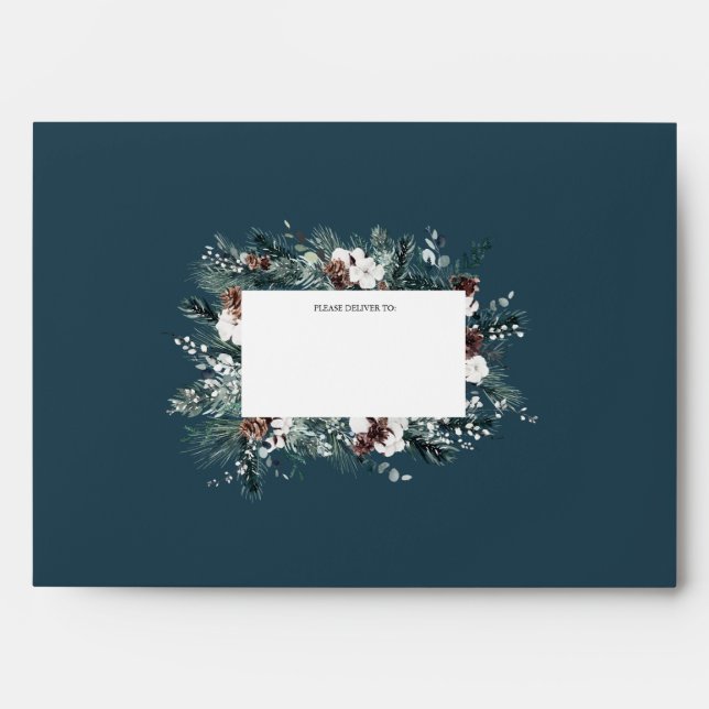 Navy Blue Greenery Vintage Christmas Mailing Envelope (Front)