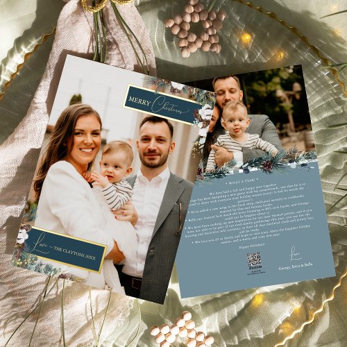Navy Blue Greenery Vintage Christmas Portrait Foil Holiday Card
