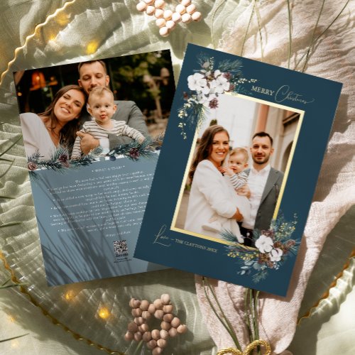 Navy Blue Greenery Vintage Christmas Two Photo Foil Holiday Card