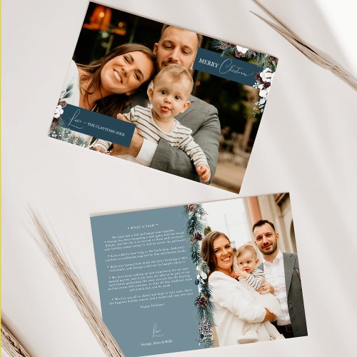 Navy Blue Greenery Vintage Family Newsletter Photo Holiday Card