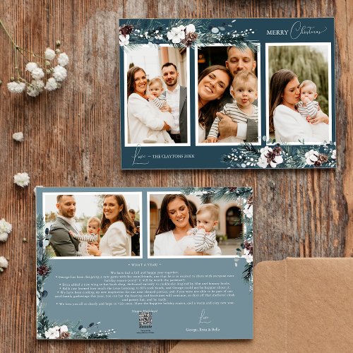 Navy Blue Greenery Vintage Five Photo Collage Holiday Card