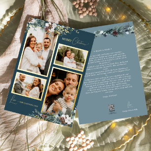 Navy Blue Greenery Vintage Four Photo Collage Foil Holiday Card