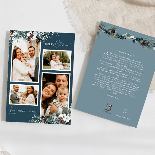 Navy Blue Greenery Vintage Four Photo Collage Holiday Card