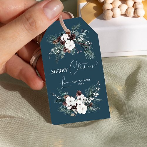 Navy Blue Greenery Vintage Merry Christmas Gift Tags