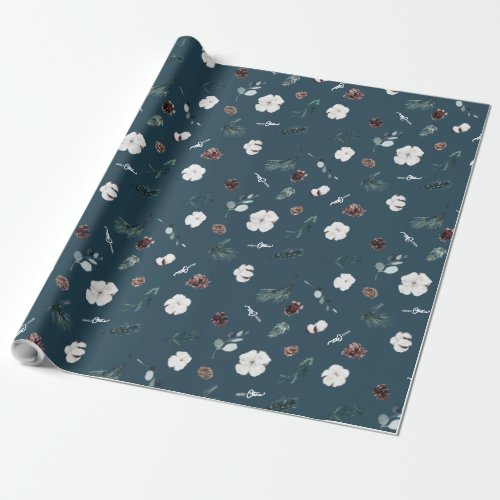 Navy Blue Greenery Vintage Merry Christmas Wrapping Paper