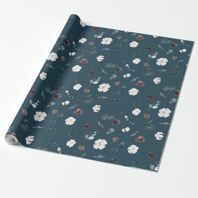 Navy Blue Greenery Vintage Merry Christmas Wrapping Paper (Unrolled)