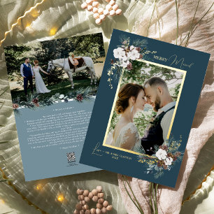 Navy Blue Greenery Vintage Merry Married Portrait Foil Holiday Card