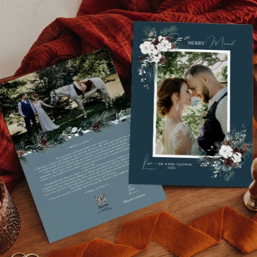 Navy Blue Greenery Vintage Merry Married Portrait Holiday Card