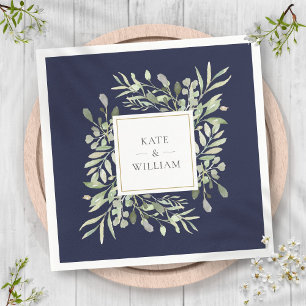 Navy Blue Greenery Watercolor Wedding Napkins