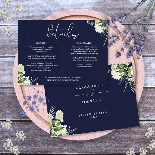 Navy Blue Greenery Wedding Details Information Invitation