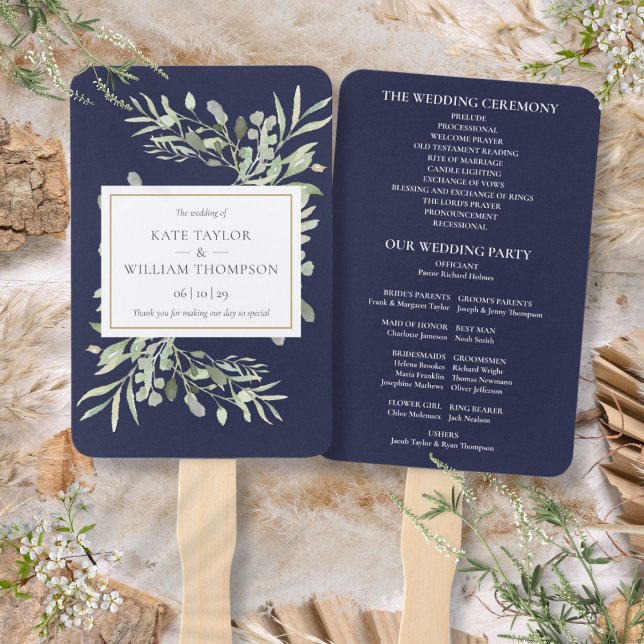 Navy Blue Greenery Wedding Program Hand Fan (Navy Blue Greenery Wedding Program Hand Fan)