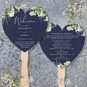 Navy Blue Greenery Wedding Program Heart Hand Fan