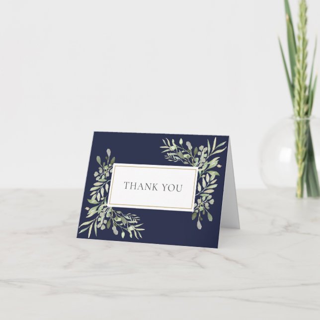 Navy Blue Greenery Wedding Thank You Card (Front)