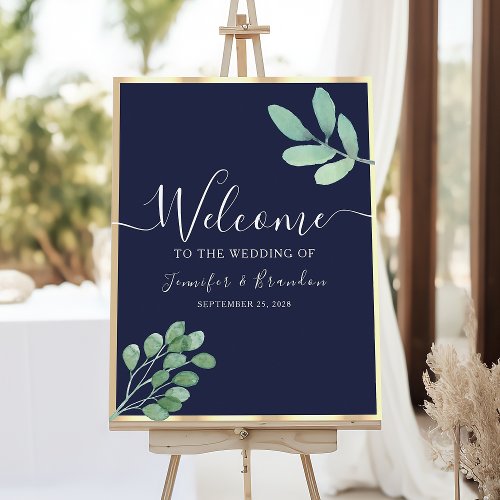 Navy Blue Greenery Wedding Welcome Poster