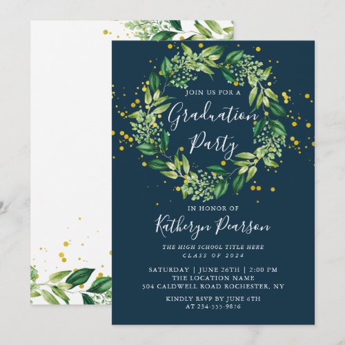 Navy Blue Greenery Wreath Gold Glitter Graduation 