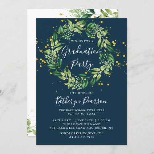 Navy Blue Greenery Wreath Gold Glitter Graduation  Invitation