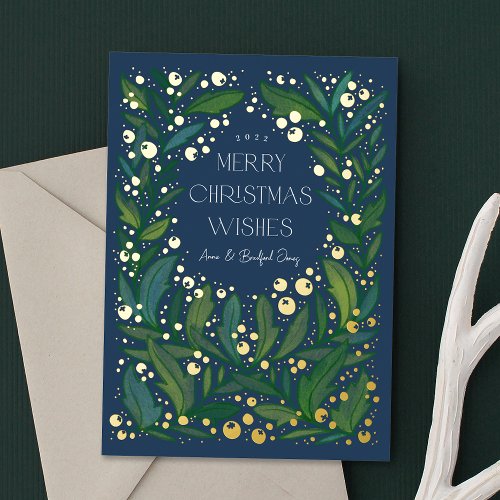 Navy Blue Greenery Wreath Merry Christmas Foil Holiday Card