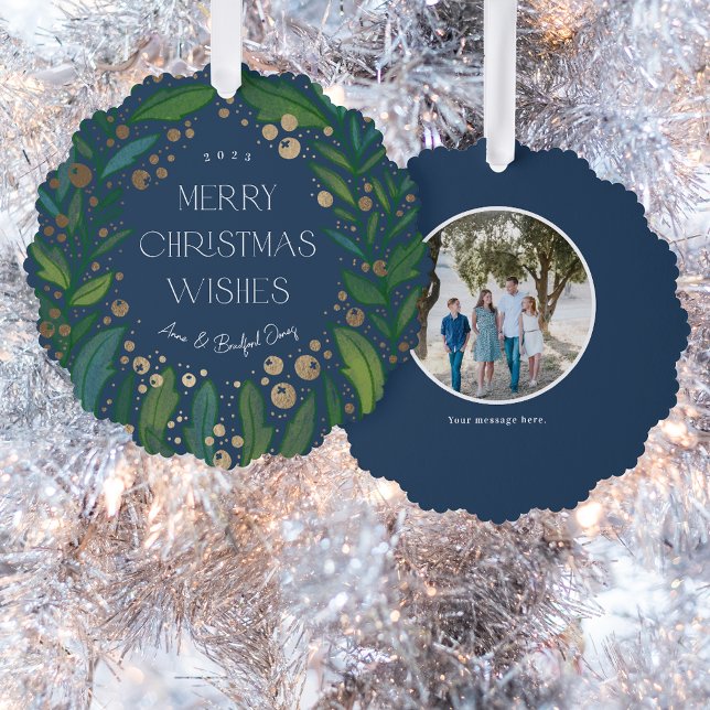 Navy Blue Greenery Wreath Merry Christmas Ornament Card (navy blue ornament card with faux gold foil berried and green leafy frame around text photo on back)