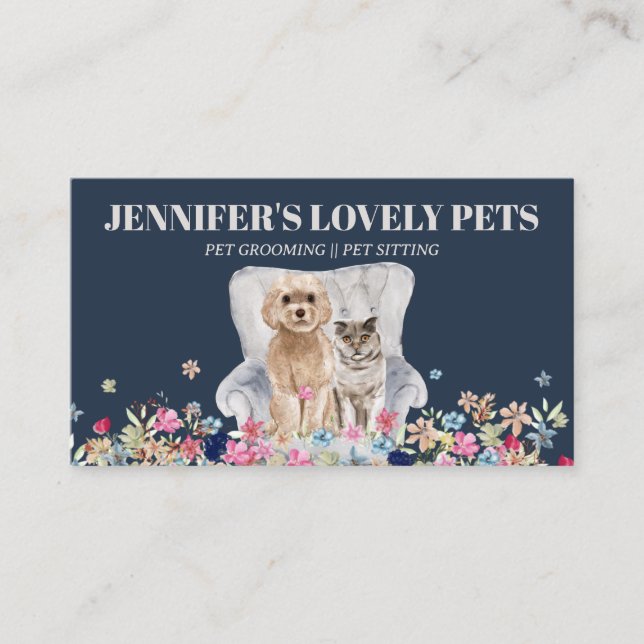Navy Blue Grey Cat Dog Pet Business Card (Front)