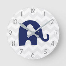 Navy Blue Grey Elephant Nursery Wall Clock