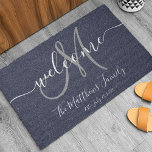 Navy Blue Grey Monogram Script Newlweds Wedding Doormat<br><div class="desc">Personalized navy blue, white and grey monogram design with bride and groom last name and wedding date on a solid color background. Makes a unique and great gift for newlyweds. Great for new house together. Customize with your name, monogram initial and wedding date and colors to match your house colors....</div>