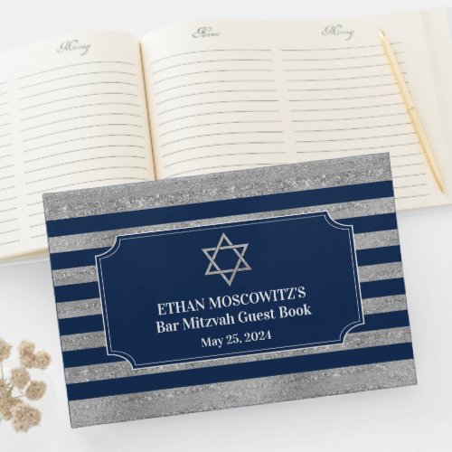 Navy Blue Grey Stripes Bar Mitzvah Guest Book