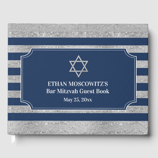 Navy Blue, Grey Stripes Bar Mitzvah Guest Book (Front)